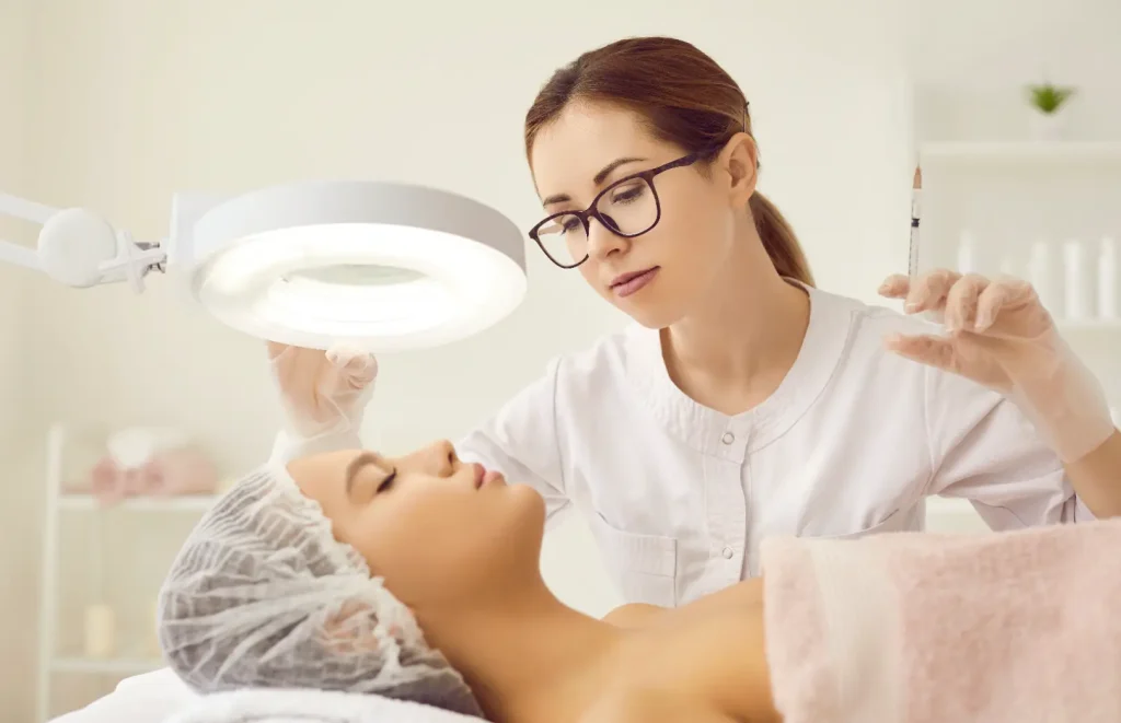 Practitioner wearing gloves holds a syringe beside a reclining woman under a magnifying examination lamp.
